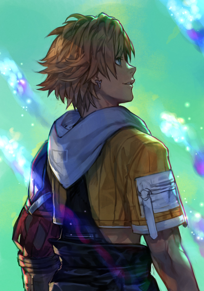 1boy blonde_hair blue_eyes cropped_jacket earrings final_fantasy final_fantasy_x from_behind green_background hankuri hankuri jacket jewelry male_focus parted_lips profile short_hair short_sleeves smile solo tidus yellow_jacket