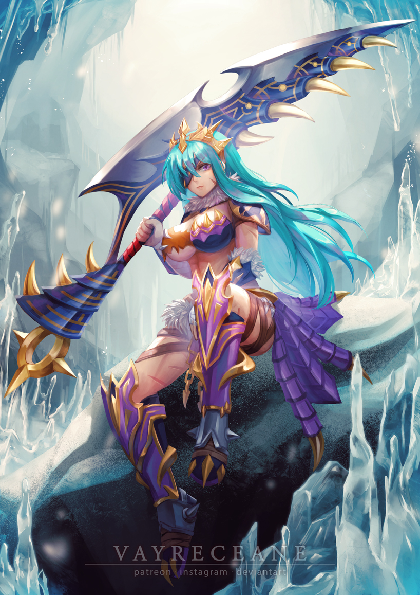 armor armored_boots armored_dress blue_eyes boots brave_frontier breasts crown eyepatch fur_collar gauntlets holding holding_sword holding_weapon huge_weapon leg_up long_hair looking_at_viewer signas_(brave_frontier) sitting spikes sword under_boob vayreceane very_long_hair violet_eyes weapon