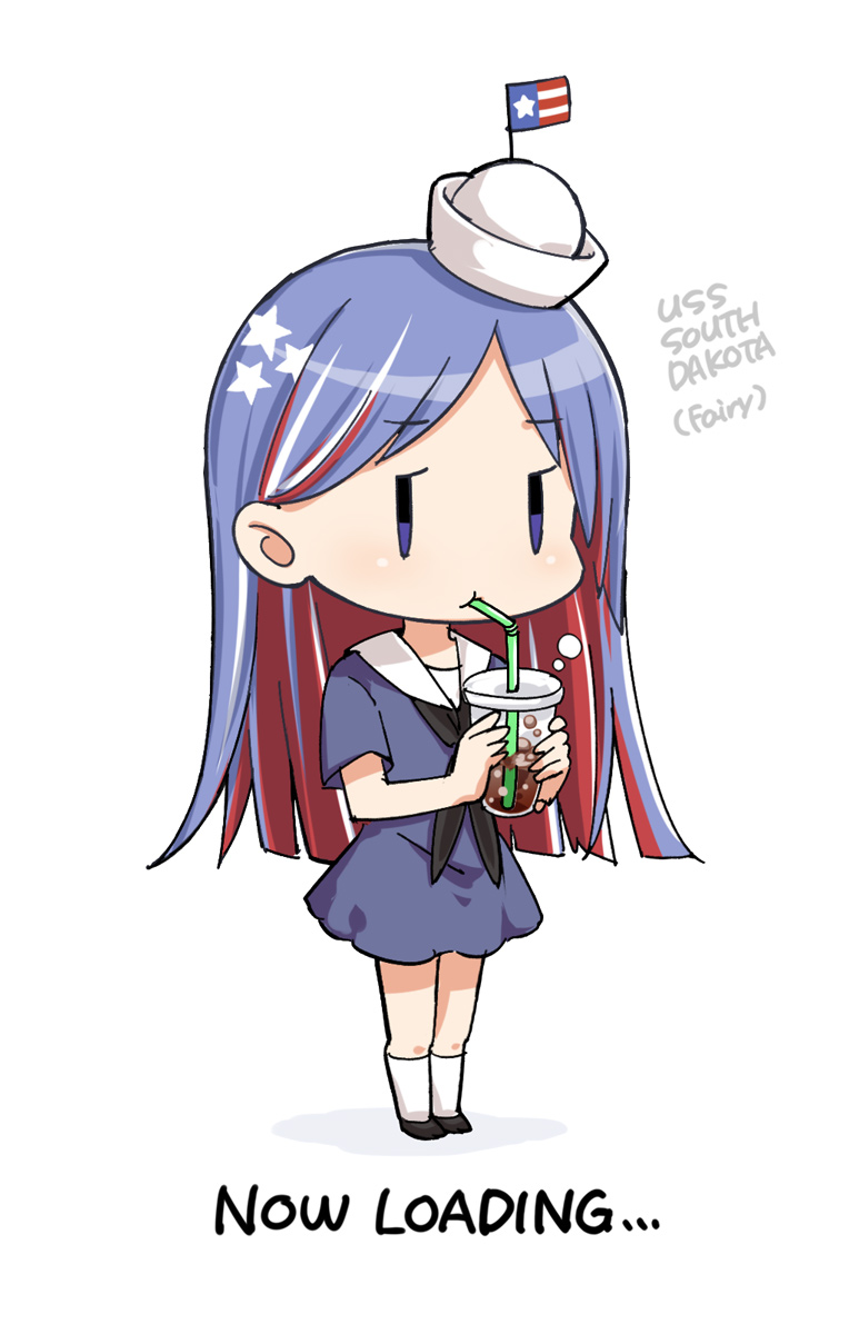 1girl aka_ringo bangs blue_hair blue_shirt character_name chibi commentary_request cup disposable_cup dixie_cup_hat dress drink drinking drinking_straw eyebrows_visible_through_hair fairy_(kancolle) full_body gradient_hair hat highres holding holding_cup kantai_collection long_hair military_hat multicolored_hair redhead sailor_collar shirt short_sleeves skirt solo south_dakota_(kancolle) star_(symbol) striped swept_bangs white_background white_hair white_legwear