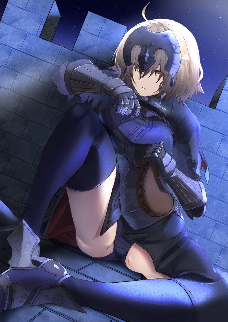 1girl ahoge anemone_noa armor armored_dress ass_visible_through_thighs blonde_hair breasts fate/grand_order fate_(series) headpiece highres jeanne_d'arc_(alter)_(fate) jeanne_d'arc_(fate)_(all) panties pantyshot short_hair sitting solo stone_wall underwear wall yellow_eyes