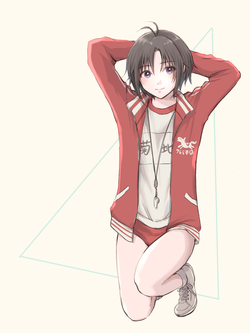 1girl abstract_background antenna_hair arms_behind_head black_hair idolmaster iso_(nh15mint) jacket kikuchi_makoto open_clothes open_jacket shoes short_hair shorts sneakers solo track_jacket violet_eyes whistle whistle_around_neck