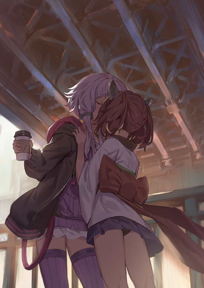 2girls black_jacket black_panties brown_hair closed_eyes coffee_cup commentary_request cup disposable_cup holding holding_cup jacket japanese_clothes kimono kiss long_hair long_sleeves low_twintails multiple_girls panties purple_hair purple_legwear purple_shirt shirt short_hair standing striped striped_legwear striped_shirt thigh-highs thighs touhoku_kiritan twintails underwear vertical-striped_legwear vertical-striped_shirt vertical_stripes vocaloid voiceroid yamamomo_(plank) yuri yuzuki_yukari