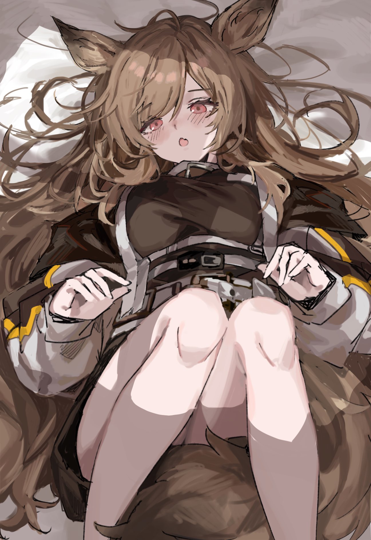 1girl :o animal_ears aogisa arknights bangs bare_legs blush breasts brown_hair ceobe_(arknights) dog_ears dog_girl dog_tail eyebrows_visible_through_hair fang feet_out_of_frame highres long_hair long_sleeves looking_at_viewer lying medium_breasts on_back on_side open_mouth red_eyes simple_background skin_fang solo tail thighs toes very_long_hair
