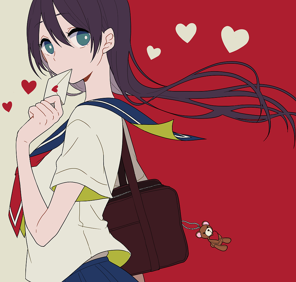 1girl aqua_eyes bag black_bag black_hair blue_sailor_collar blue_skirt covering_mouth floating_hair from_side hair_between_eyes heart holding holding_letter letter long_hair looking_at_viewer neckerchief original red_neckwear sailor_collar school_uniform serafuku shi_oo shirt short_sleeves shoulder_bag skirt solo two-tone_background upper_body white_shirt