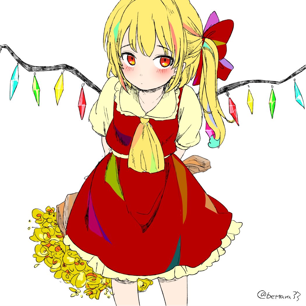 1girl arms_behind_back blonde_hair blush bouquet bow commentary_request cowboy_shot crystal flandre_scarlet flower hair_bow holding holding_bouquet leaning_forward long_hair no_hat no_headwear one-hour_drawing_challenge red_bow red_eyes red_skirt red_vest ryuuta_(akatukiryoka) shirt short_sleeves side_ponytail simple_background skirt solo touhou twitter_username vest white_background white_shirt wings yellow_neckwear