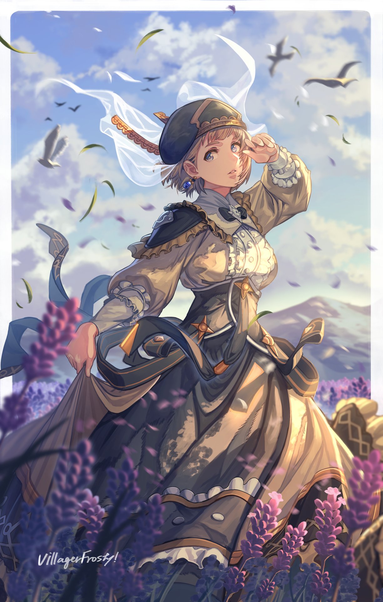 ! 1girl artist_name bird blue_eyes bow bowtie breasts clouds day dress earrings fire_emblem fire_emblem:_three_houses frilled_dress frills frostyvillager hat highres jewelry long_sleeves looking_at_viewer medium_breasts mercedes_von_martritz outdoors parted_lips plant short_hair sky solo standing teeth watermark