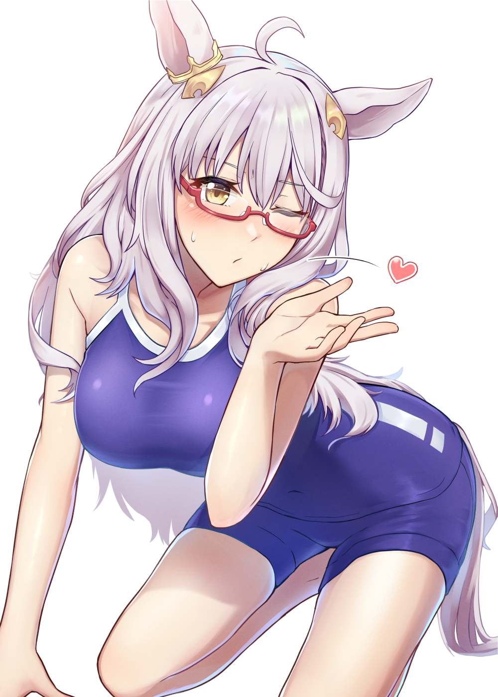 1girl all_fours animal_ears bangs bare_arms bare_shoulders biwa_hayahide_(umamusume) blown_kiss blue_swimsuit blush breasts exren eyebrows_visible_through_hair glasses hair_ornament heart highres horse_ears horse_girl large_breasts long_hair looking_at_viewer one_eye_closed parted_lips silver_hair simple_background solo swimsuit thighs umamusume white_background yellow_eyes