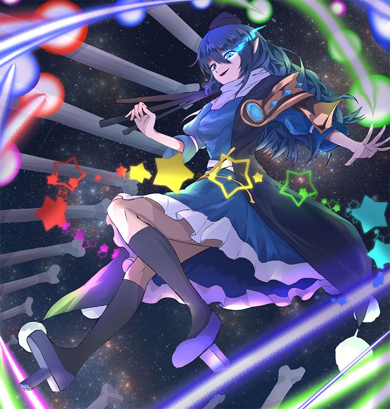 1girl 33_gaff :d armor bangs black_cape black_legwear blue_dress blue_eyes blue_hair blue_headwear bone cape dress full_body geta glowing glowing_eye hair_between_eyes hat iizunamaru_megumu kneehighs long_hair looking_at_viewer open_mouth pointy_ears purple_footwear short_sleeves shoulder_armor smile solo space star_(symbol) tengu-geta tokin_hat touhou tripod