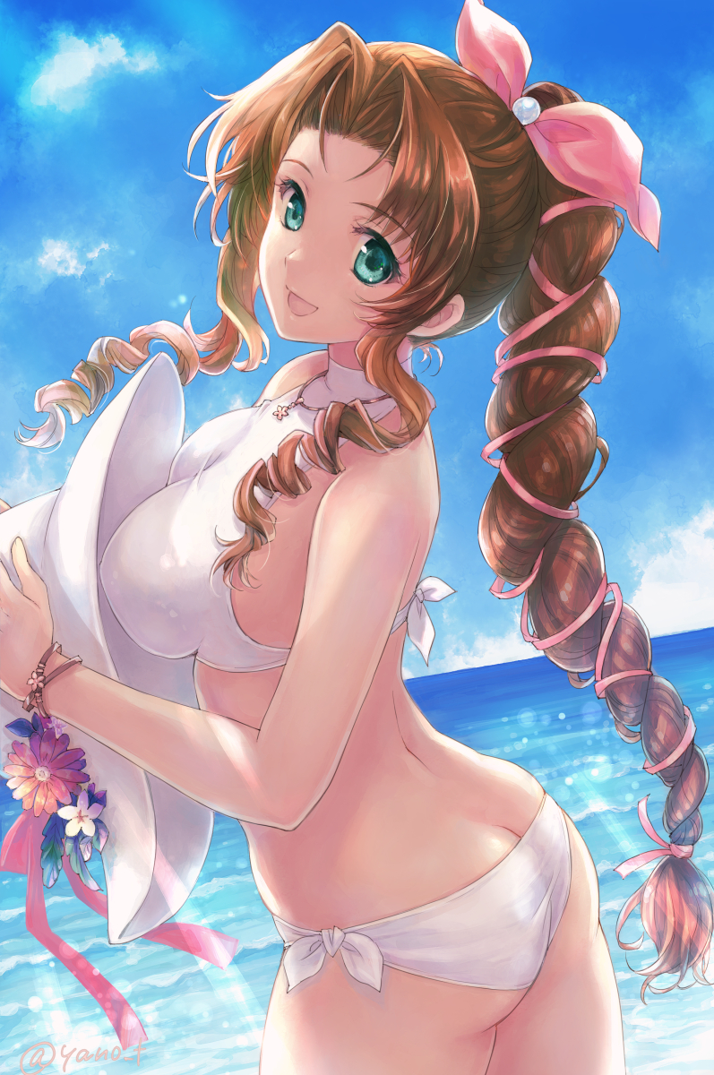 1girl aerith_gainsborough ass beach bikini black_l blue_sky bow brown_hair butt_crack clouds commentary_request cowboy_shot day final_fantasy final_fantasy_vii green_eyes hair_ribbon hat hat_removed headwear_removed highres holding holding_clothes holding_hat long_hair looking_at_viewer outdoors pink_bow ponytail ribbon side-tie_bikini sky solo sun_hat swimsuit white_bikini white_headwear yano_takumi