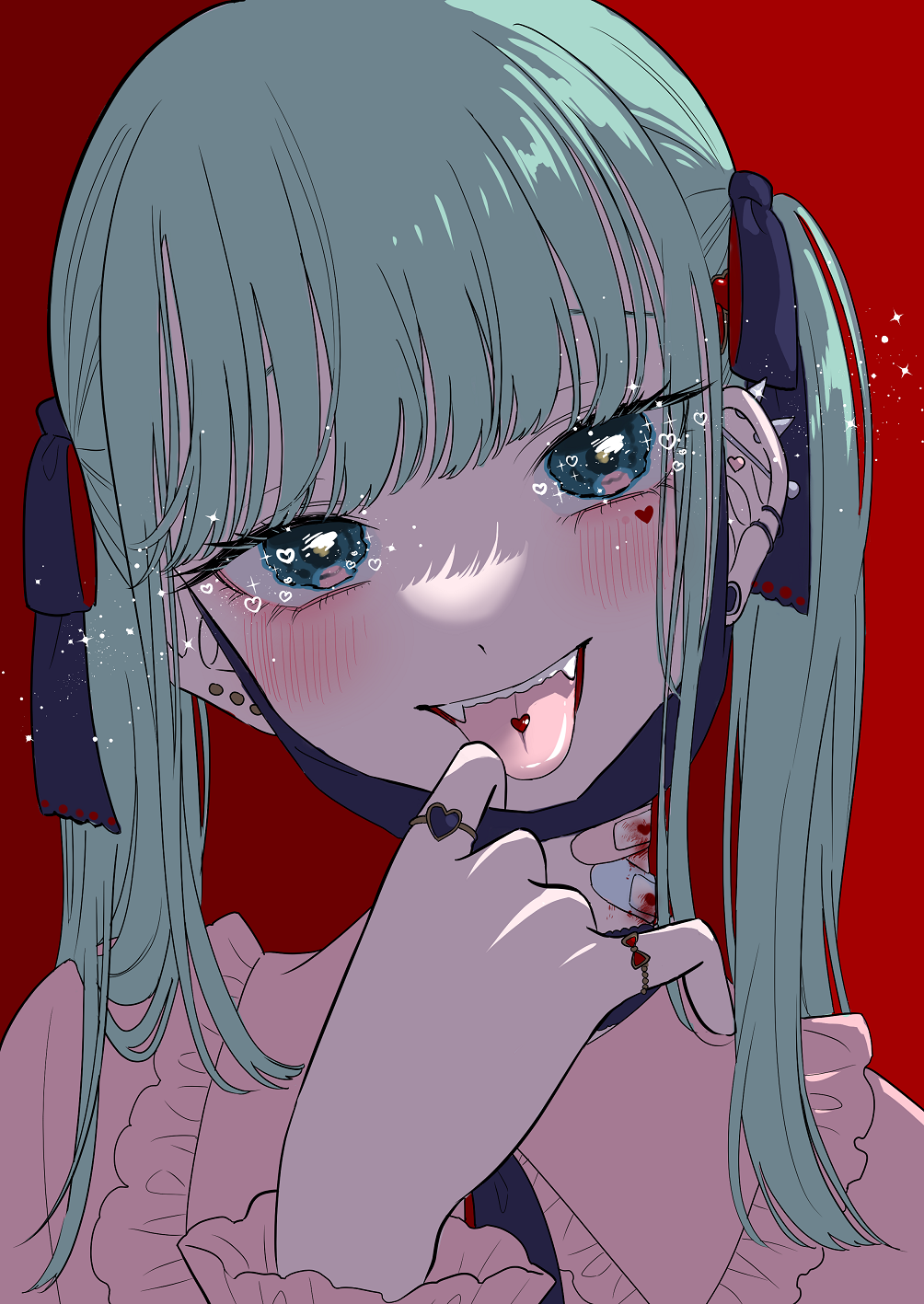 1girl :d bandaid bandaid_on_neck bangs bite_mark blue_eyes blue_hair blue_ribbon blunt_bangs blush ear_piercing earrings fangs hair_ribbon hand_up hatsune_miku head_tilt heart heart_earrings heart_ring highres jewelry kawai_rou looking_at_viewer mask mask_pull mouth_mask multiple_rings open_mouth piercing portrait red_background ribbon ring simple_background smile solo sparkle stud_earrings tongue tongue_out tongue_piercing twintails vampire_(vocaloid)