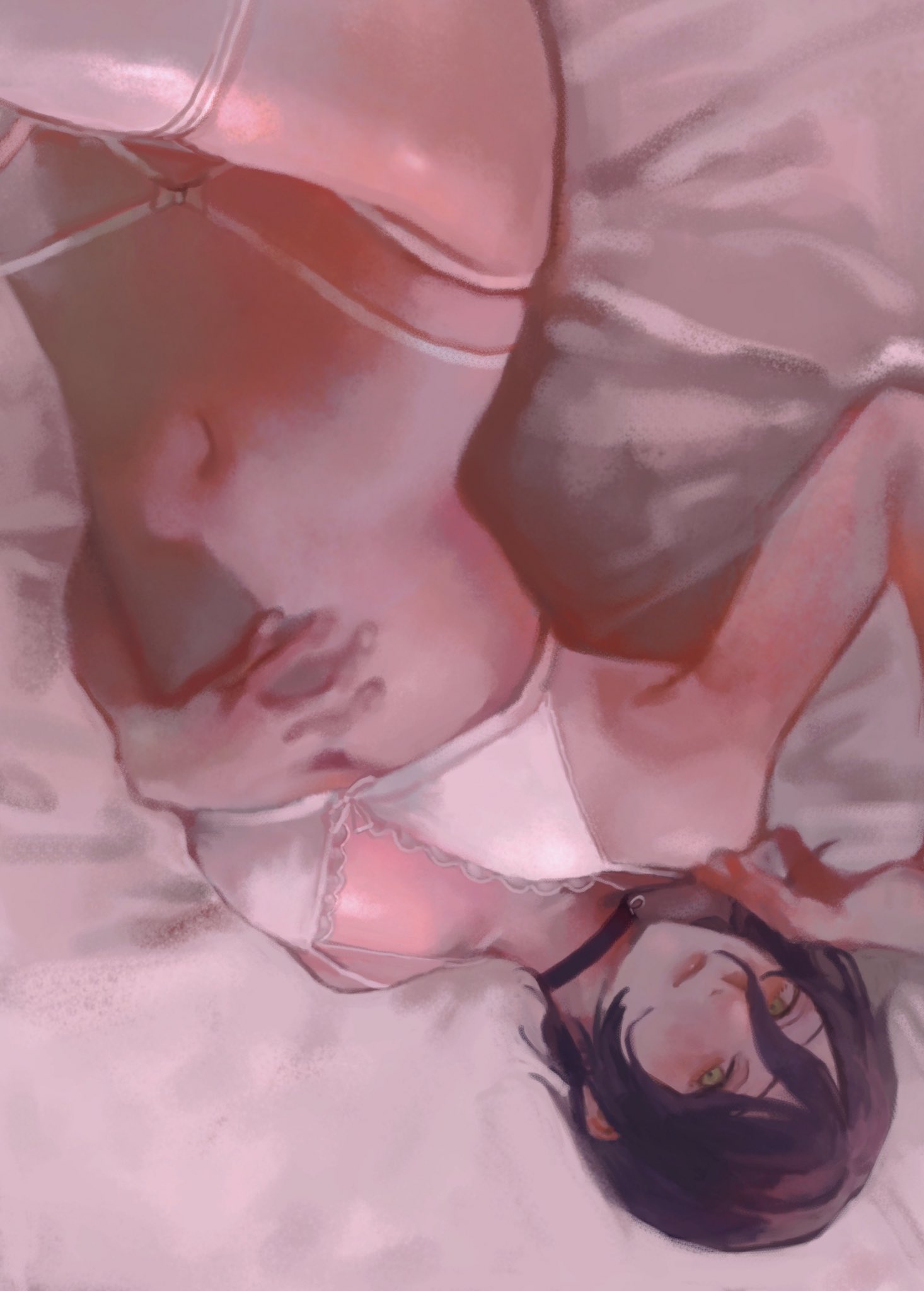1girl ane_(yakamashi0) bed_sheet black_choker black_hair blush bra breasts chainsaw_man choker closed_mouth commentary cowboy_shot green_eyes grenade_pin hair_between_eyes hand_on_own_stomach highres light_smile lips looking_at_viewer lying navel on_back on_bed panties reze_(chainsaw_man) short_hair small_breasts solo stomach thigh-highs underwear upside-down white_bra white_legwear white_panties