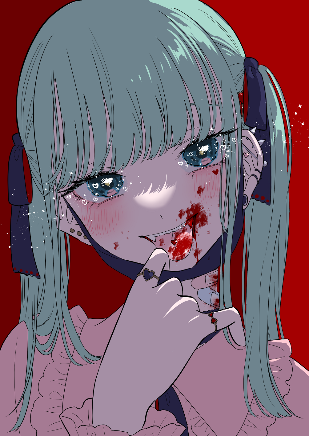 1girl :d bandaid bandaid_on_neck bangs bite_mark blood blood_in_mouth blood_on_face blood_splatter blue_eyes blue_hair blue_ribbon blunt_bangs blush ear_piercing earrings fangs hair_ribbon hand_up hatsune_miku head_tilt heart heart_earrings heart_ring highres jewelry kawai_rou looking_at_viewer mask mask_pull mouth_mask multiple_rings open_mouth piercing portrait red_background ribbon ring simple_background smile solo sparkle stud_earrings tongue tongue_out tongue_piercing twintails vampire vampire_(vocaloid)
