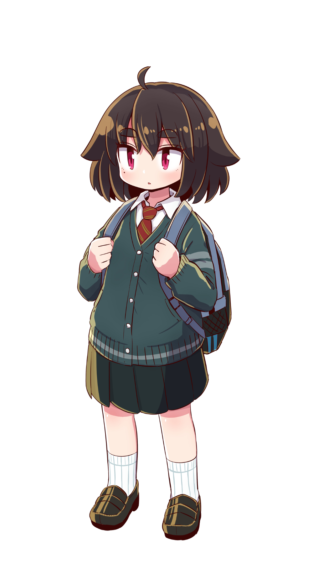 1girl ahoge artist_self-insert backpack bag bangs black_footwear black_hair black_jacket black_skirt blush collared_shirt diagonal-striped_neckwear diagonal_stripes eyebrows_visible_through_hair full_body hair_between_eyes highres holding_strap jacket loafers long_sleeves looking_away naga_u necktie original parted_lips pleated_skirt red_eyes red_neckwear ribbed_legwear shirt shoes short_eyebrows simple_background skirt socks solo standing striped striped_neckwear thick_eyebrows white_background white_legwear white_shirt