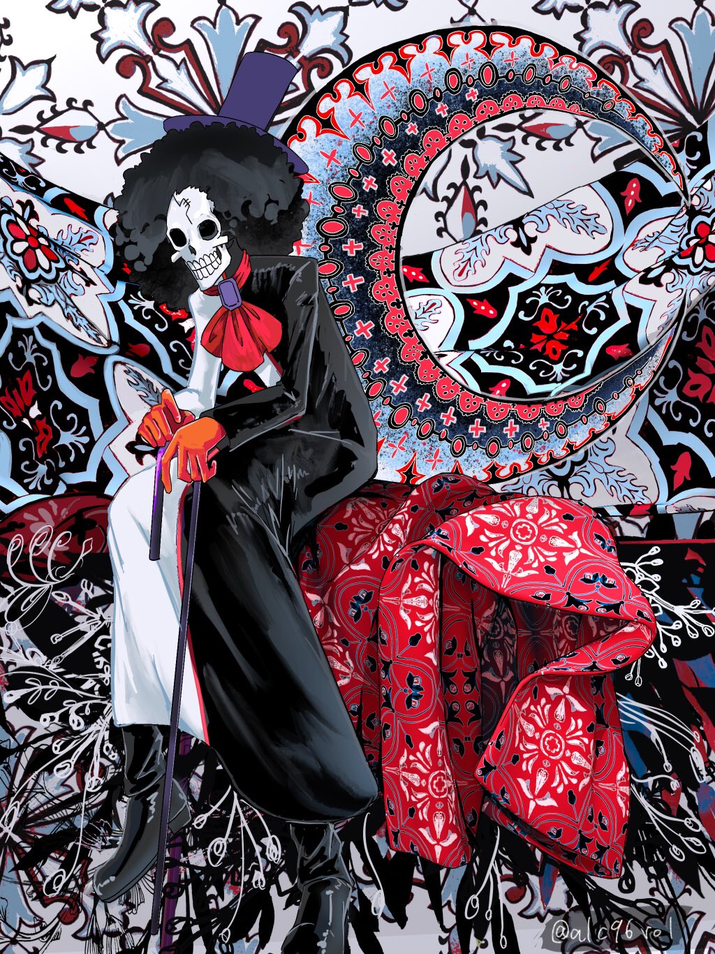 1boy afro alcohol_(alc96vol) ascot big_hair black_hair boots brook coat full_body gloves hat highres leaning_forward long_sleeves male_focus one_piece sitting skeleton skull solo top_hat twitter_username walking_stick