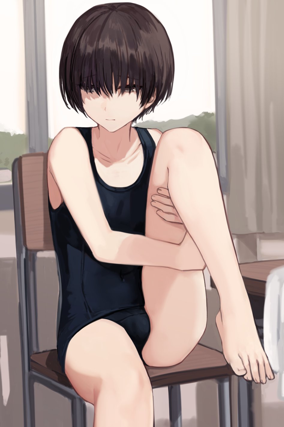 1boy black_hair black_swimsuit chair classroom collarbone commentary_request crossdressinging curtains highres indoors looking_away male_focus one-piece_swimsuit original short_hair sitting solo sunaba_(nczd5875) swimsuit table window