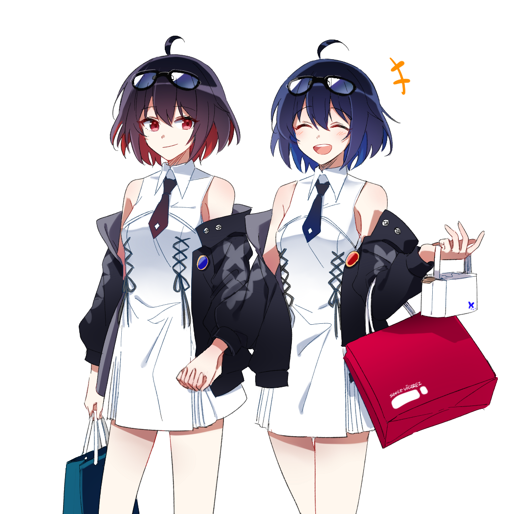 2girls 6_(yuchae) bag bangs black_jacket blue_hair casual closed_eyes closed_mouth dress eyewear_on_head fashion hair_between_eyes holding_hands honkai_(series) honkai_impact_3rd jacket multiple_girls necktie open_mouth red_eyes redhead seele_(alter_ego) seele_vollerei shopping_bag short_hair simple_background sleeveless sleeveless_dress sunglasses white_background white_dress