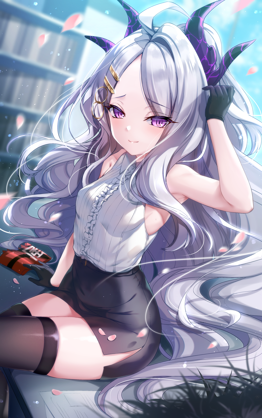 1girl arm_up armpits black_legwear blue_archive blurry blurry_background blush breasts commentary_request gloves hair_ornament halo highres hina_(blue_archive) horns kuru2pantu looking_at_viewer shirt silver_hair sitting sleeveless sleeveless_shirt small_breasts smile solo thigh-highs