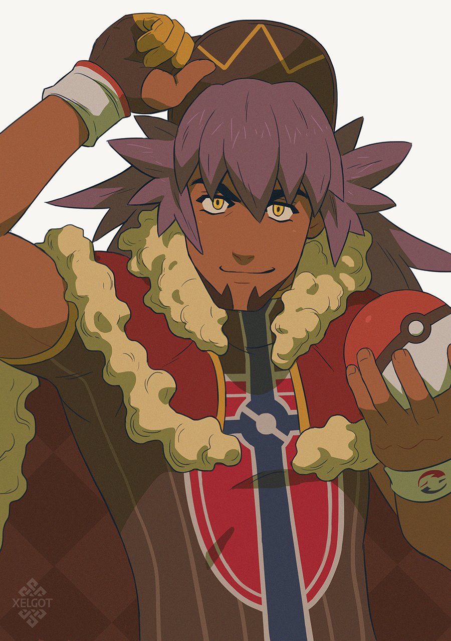 1boy arm_up artist_name bangs baseball_cap cape champion_uniform closed_mouth commentary dark-skinned_male dark_skin dynamax_band english_commentary facial_hair fur-trimmed_cape fur_trim gloves hair_between_eyes hand_up hat highres holding holding_poke_ball leon_(pokemon) long_hair looking_at_viewer male_focus partially_fingerless_gloves poke_ball pokemon pokemon_(game) pokemon_swsh purple_hair red_cape shirt short_sleeves simple_background single_glove smile solo upper_body watermark white_background white_wristband wristband xelgot yellow_eyes