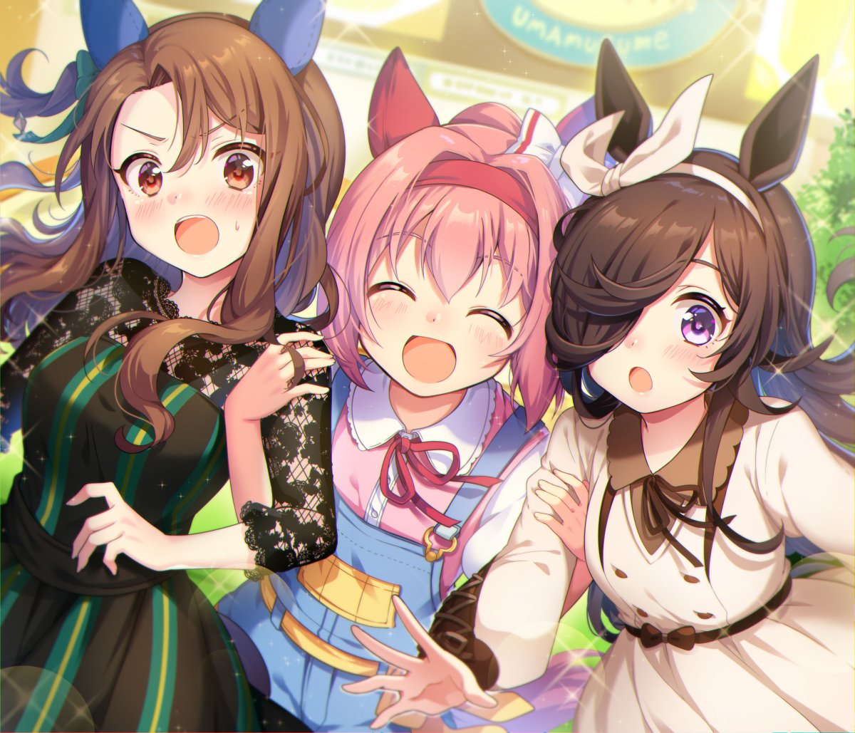 3girls :o animal_ears bangs blush bow_hairband brown_eyes brown_hair closed_eyes commentary_request dress eyelashes hair_over_one_eye hairband haru_urara_(umamusume) horse_ears horse_girl king_halo_(umamusume) locked_arms long_hair long_sleeves looking_at_viewer multiple_girls open_mouth overalls pink_hair rice_shower_(umamusume) smile sparkle spread_fingers sweatdrop takase_kou tongue umamusume upper_teeth violet_eyes |d