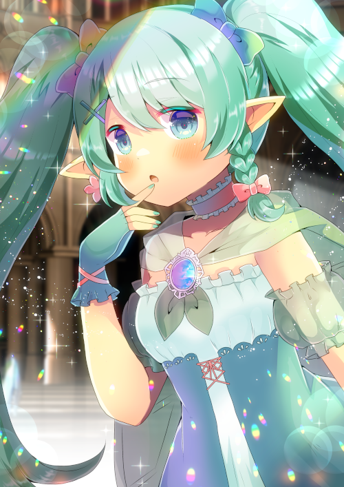 1girl :o bangs blue_bow blue_eyes blurry blurry_background blush bow braid breasts cape commentary_request depth_of_field dress eyebrows_visible_through_hair finger_to_mouth fingerless_gloves gloves green_cape green_gloves green_hair green_nails hair_between_eyes hair_bow hand_up indie_virtual_youtuber kouu_hiyoyo long_hair nail_polish parted_lips pastel_chrome pink_bow pointy_ears see-through side_braid single_braid small_breasts solo strapless strapless_dress twintails very_long_hair virtual_youtuber white_dress