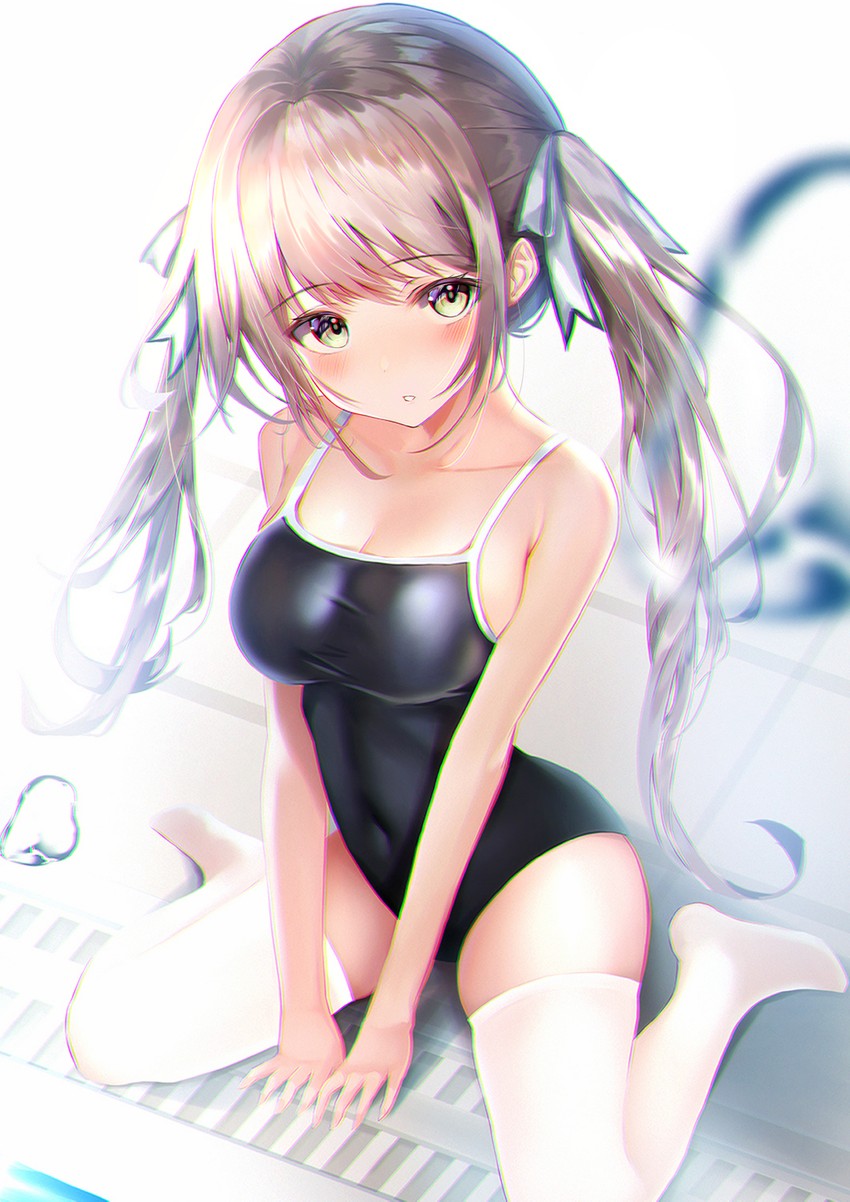 1girl bare_arms bare_shoulders between_legs black_swimsuit blurry breasts brown_hair cleavage collarbone covered_navel depth_of_field hair_ribbon highres long_hair looking_at_viewer medium_breasts no_shoes one-piece_swimsuit original parted_lips revision ribbon school_swimsuit sidelocks sitting solo spaghetti_strap swimsuit thighhighs thighs twintails very_long_hair wariza water white_legwear yk_(pixiv43531291)