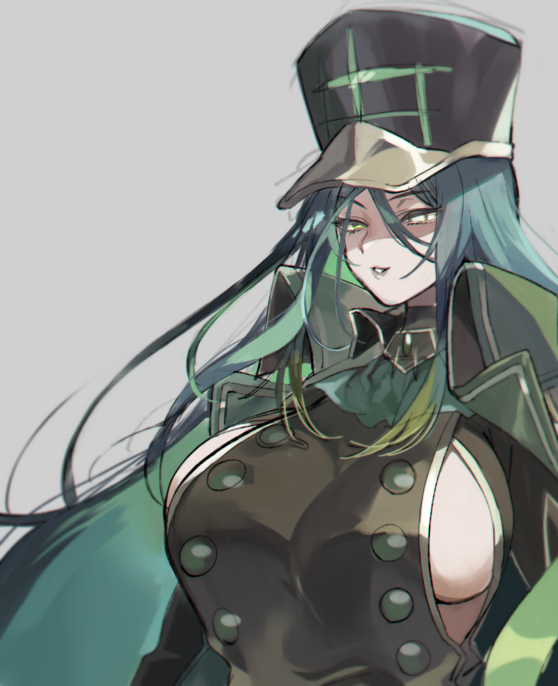 1girl alchemy_stars ascot bangs black_headwear black_jacket breasts green_hair green_neckwear grey_background hat jacket large_breasts long_hair migard_(alchemy_stars) no_pupils parted_lips shindou_(fuguri) sideboob sidelocks simple_background solo very_long_hair yellow_eyes