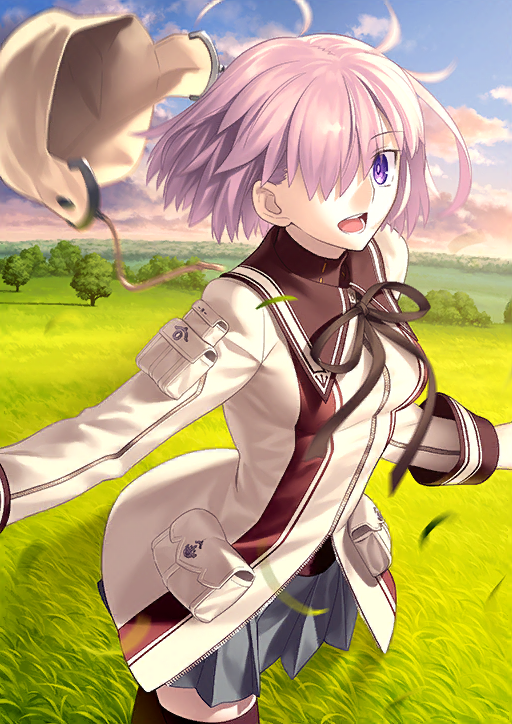 1girl beige_headwear brown_ribbon clouds fate/grand_order fate_(series) field grass grey_skirt hair_over_one_eye hat headwear_removed jacket looking_at_viewer lostroom_outfit_(fate) mash_kyrielight neck_ribbon official_alternate_costume official_art open_mouth pleated_skirt pocket purple_hair ribbon short_hair skirt smile solo standing takeuchi_takashi thigh-highs tree violet_eyes zettai_ryouiki