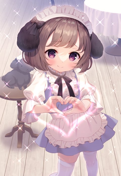 1girl animal animal_ears apron bangs black_bow blush bow brown_hair child chitosezaka_suzu closed_mouth commentary_request dog dog_ears dress eyebrows_visible_through_hair frilled_apron frills heart heart_hands indoors looking_at_viewer maid maid_headdress original pleated_dress puffy_short_sleeves puffy_sleeves purple_dress short_hair short_sleeves smile solo sparkle sparkle_background sparkles standing table thigh-highs violet_eyes waist_apron white_apron white_legwear wooden_floor