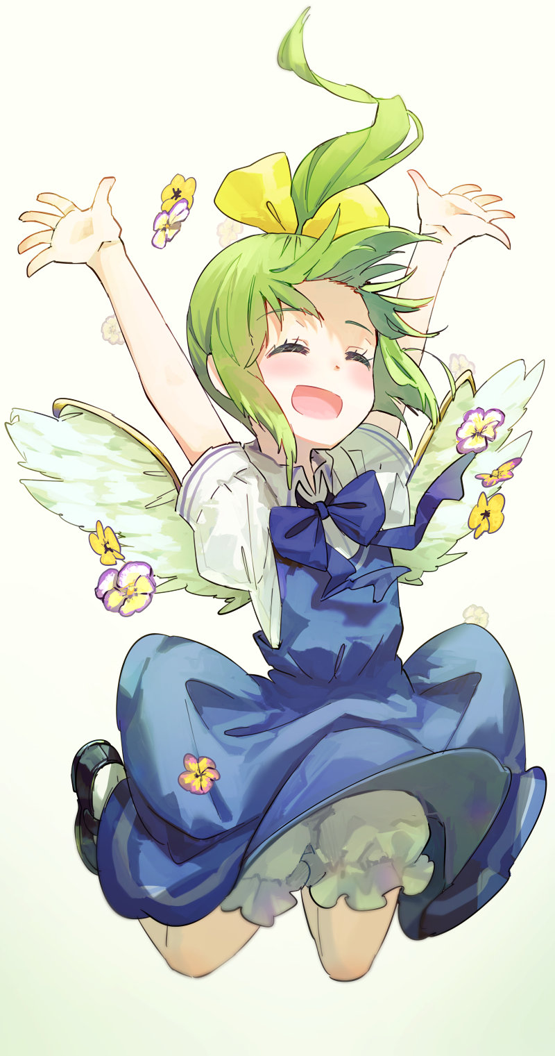 1girl \o/ ^_^ alternate_hairstyle arms_up bloomers blue_bow blue_dress blue_neckwear blush bow bowtie closed_eyes commentary_request daiyousei dress eyebrows_visible_through_hair fairy_wings flat_chest floating_hair flower flower_request full_body green_hair hair_bow happy highres jumping open_mouth outstretched_arms pinafore_dress ponytail puffy_short_sleeves puffy_sleeves purple_flower short_sleeves simple_background smile solo syuri22 touhou underwear white_background wind wind_lift wings yellow_bow yellow_flower