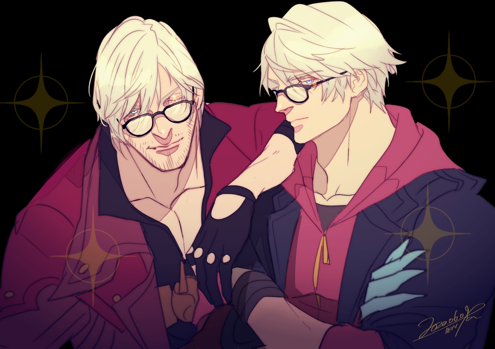 2boys arm_on_shoulder artist_name black_background black_gloves black_shirt blue_eyes coat collarbone crossed_arms dante_(devil_may_cry) dated devil_bringer devil_may_cry_(series) devil_may_cry_4 dmc_pa expressionless facial_hair fingerless_gloves glasses gloves hood hood_down hoodie male_focus multiple_boys mustache nero_(devil_may_cry) one_eye_closed partially_fingerless_gloves shirt short_hair sideways_glance signature simple_background smile sparkle undershirt white_hair