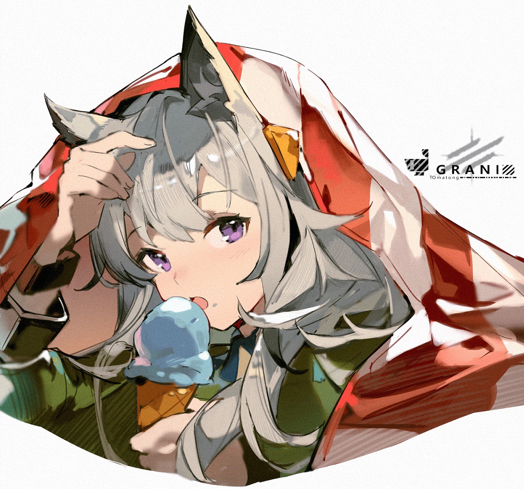 1girl animal_ear_fluff animal_ears arknights blanket character_name food grani_(arknights) grani_(miraculous_moment)_(arknights) green_jacket grey_hair hand_up holding holding_food horse_ears ice_cream ice_cream_cone jacket kagura_tohru long_hair looking_at_viewer official_alternate_costume portrait solo violet_eyes wristband