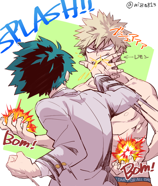 2boys bakugou_katsuki bangs black_hair blonde_hair boku_no_hero_academia clenched_hand collarbone covering_mouth explosion fire from_behind green_background green_hair grey_jacket hand_over_another's_mouth jacket long_sleeves male_focus midoriya_izuku multiple_boys nipples no_pupils scar_on_hand school_uniform shirtless short_hair spiky_hair tonomayo translation_request twitter_username u.a._school_uniform white_background