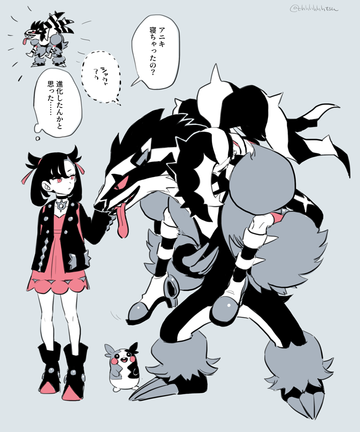 1boy 1girl ankle_boots asymmetrical_bangs bangs black_choker black_footwear black_hair black_jacket boots brother_and_sister choker commentary_request dress gen_8_pokemon grey_background gym_leader hair_ribbon jacket knees long_hair marnie_(pokemon) morpeko morpeko_(full) multicolored_hair obstagoon ohhhhhhtsu open_clothes open_jacket petting piers_(pokemon) pink_dress pink_eyes pokemon pokemon_(game) pokemon_swsh ribbon siblings simple_background speech_bubble standing thought_bubble translation_request two-tone_hair white_hair