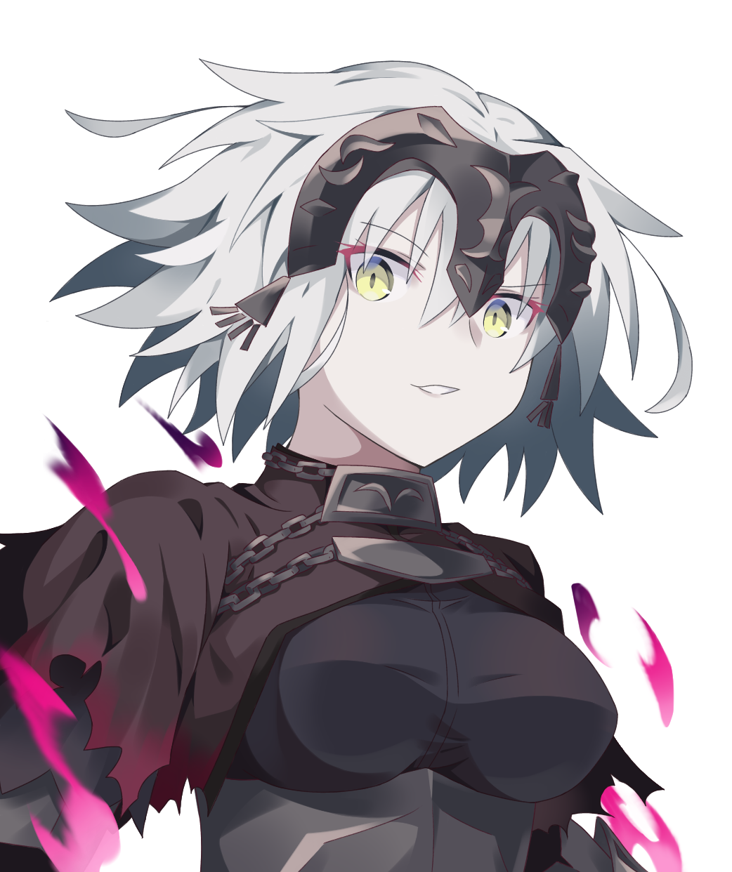 1girl bangs breasts chain cloak eyebrows_behind_hair eyebrows_visible_through_hair fate/grand_order fate_(series) hair_between_eyes headpiece highres jeanne_d'arc_(alter)_(fate) jeanne_d'arc_(fate)_(all) short_hair silver_hair simple_background smile solo upper_body uryu0270 white_background yellow_eyes