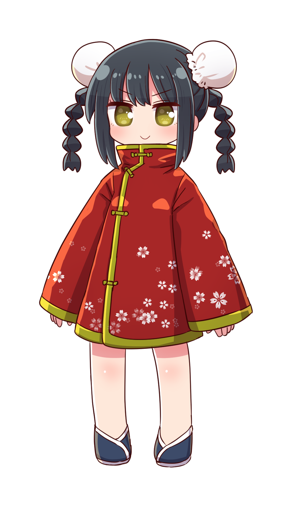 &gt;:) 1girl bangs black_footwear black_hair blush braid brown_eyes bun_cover china_dress chinese_clothes closed_mouth double_bun dress eyebrows_visible_through_hair full_body highres long_sleeves naga_u original red_dress shoes sidelocks simple_background sleeves_past_wrists smile solo standing twin_braids twintails v-shaped_eyebrows white_background wide_sleeves