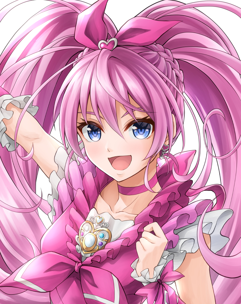 1girl :d bangs blue_eyes bow braid choker collarbone cure_melody hair_between_eyes hair_bow hair_ornament heart heart_hair_ornament long_hair open_mouth outstretched_arm pink_bow pink_choker pink_hair pink_shirt precure shiny shiny_hair shirt sleeveless sleeveless_shirt smile solo suite_precure ten_(tenchan_man) twintails upper_body very_long_hair