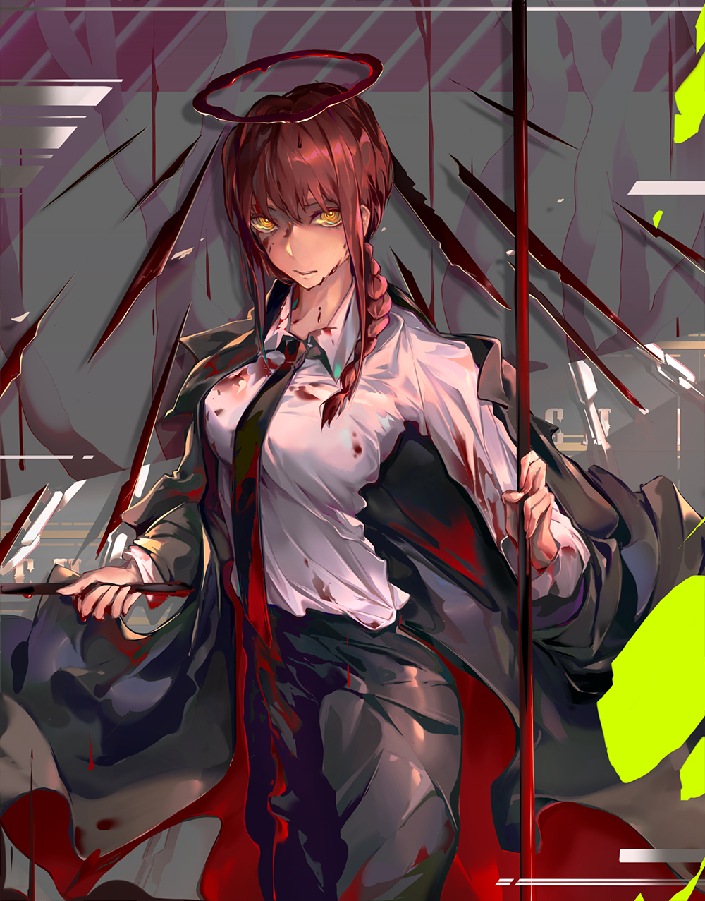1girl bangs black_neckwear black_pants blood blood_on_face bloody_clothes bloody_hands braid braided_ponytail breasts business_suit chainsaw_man collared_shirt commentary_request formal halo highres holding holding_polearm holding_weapon jacket jacket_removed long_sleeves looking_at_viewer makima_(chainsaw_man) medium_breasts medium_hair necktie office_lady open_mouth pants polearm redhead renze_l ringed_eyes shirt sidelocks simple_background solo suit weapon white_shirt yellow_eyes