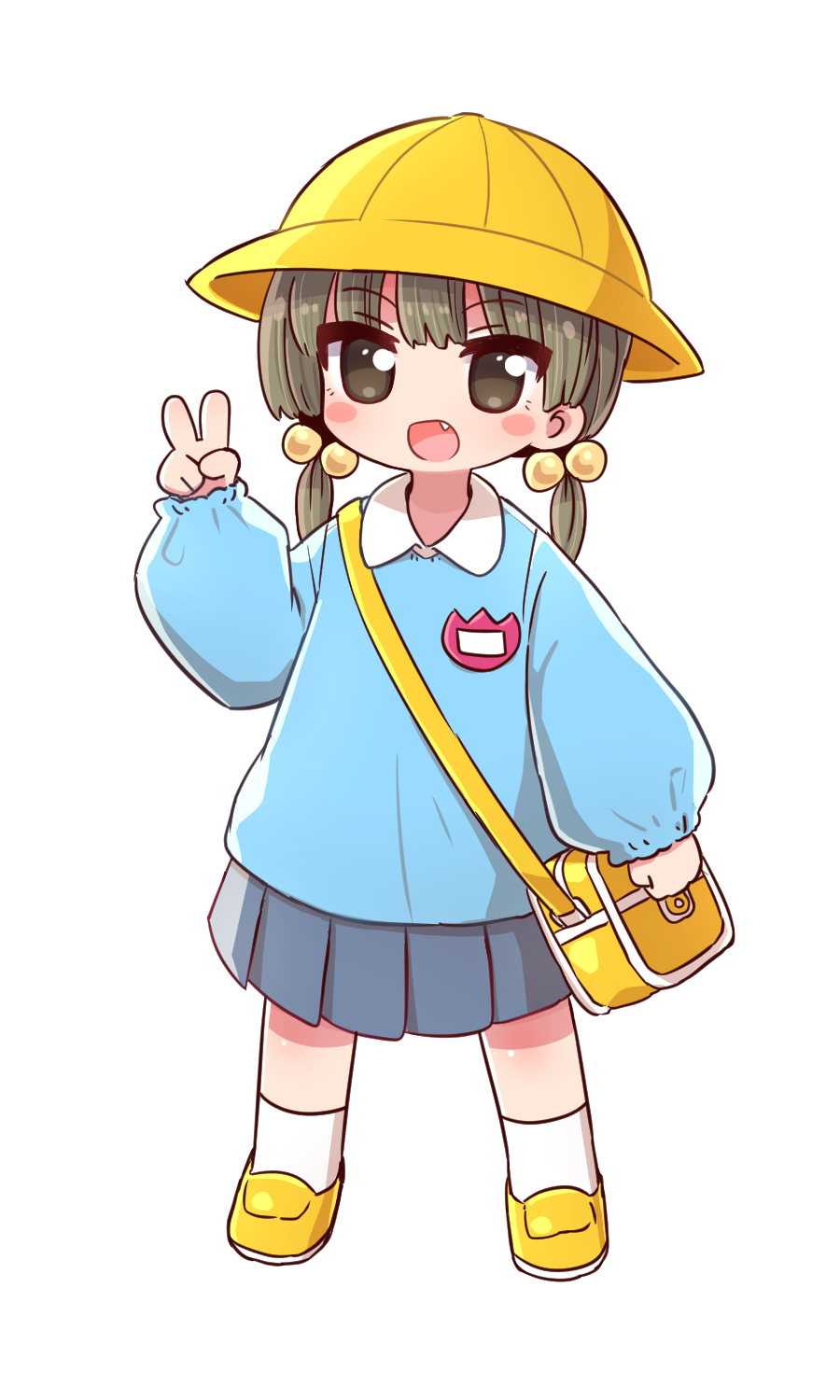 1girl :d bag bangs blue_shirt blue_skirt blush_stickers brown_eyes brown_hair collared_shirt eyebrows_visible_through_hair fang full_body hair_bobbles hair_ornament hand_up hat highres kindergarten_bag kindergarten_uniform loafers long_hair long_sleeves looking_at_viewer low_twintails naga_u open_mouth original pleated_skirt puffy_long_sleeves puffy_sleeves school_hat shirt shoes simple_background skirt sleeves_past_wrists smile socks solo standing twintails v white_background white_legwear yellow_footwear yellow_headwear