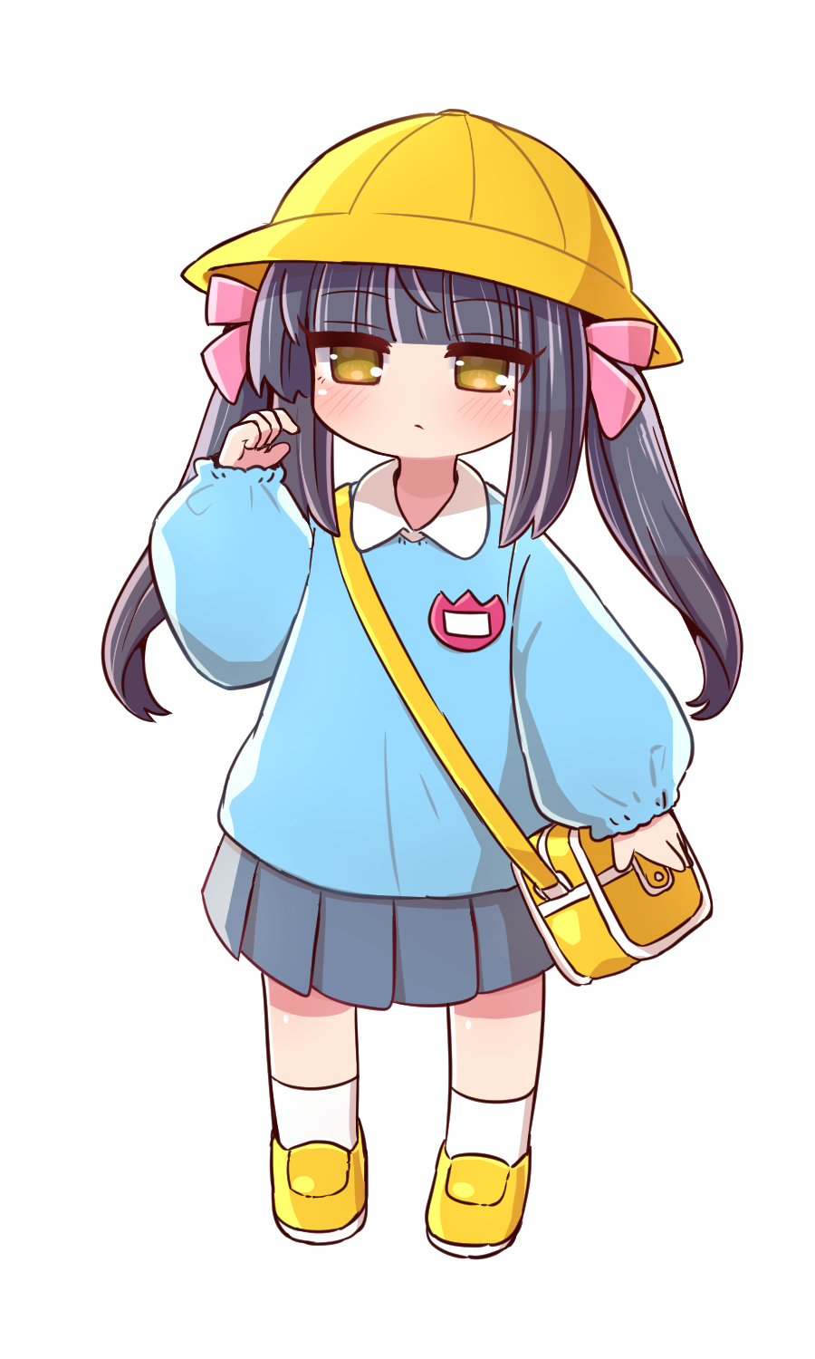 1girl bag bangs black_hair blue_shirt blue_skirt blush brown_eyes closed_mouth collared_shirt eyebrows_visible_through_hair full_body hand_up hat highres kindergarten_bag kindergarten_uniform loafers long_hair long_sleeves looking_at_viewer naga_u original pleated_skirt puffy_long_sleeves puffy_sleeves school_hat shirt shoes simple_background skirt sleeves_past_wrists socks solo standing twintails white_background white_legwear yellow_footwear yellow_headwear