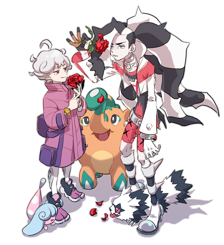 2boys ahoge bangs bede_(pokemon) belt bike_shorts black_hair boots closed_mouth coat commentary_request cropped_jacket cufant curly_hair flower galarian_form galarian_zigzagoon gen_8_pokemon green_eyes grey_hair gym_leader hatenna holding holding_flower jacket leggings long_hair male_focus multicolored_hair multiple_boys ohhhhhhtsu petals piers_(pokemon) pokemon pokemon_(creature) pokemon_(game) pokemon_swsh purple_coat purple_footwear red_flower shirt shoes short_hair smile standing two-tone_hair violet_eyes watch watch white_hair white_jacket