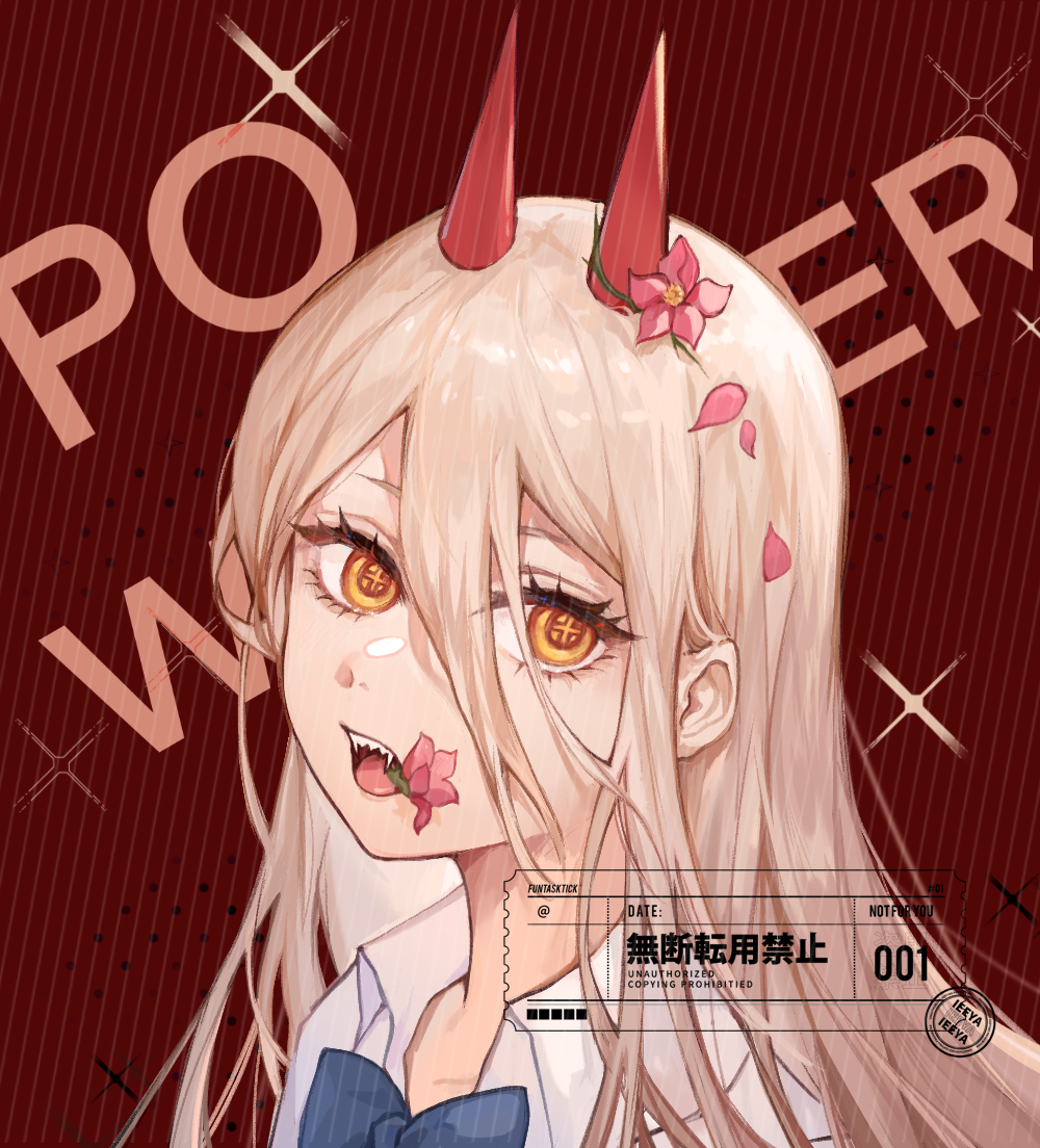 +_+ 1girl bangs blonde_hair blue_neckwear bow chainsaw_man character_name collared_shirt commentary_request demon_girl demon_horns dotted_background english_text etiv falling_petals flower flower_in_mouth hair_between_eyes hair_flower hair_ornament horns long_hair looking_at_viewer open_mouth petals pink_flower power_(chainsaw_man) red_background sharp_teeth shirt simple_background solo sparkle_background symbol-shaped_pupils teeth ticket tongue translation_request white_shirt yellow_eyes