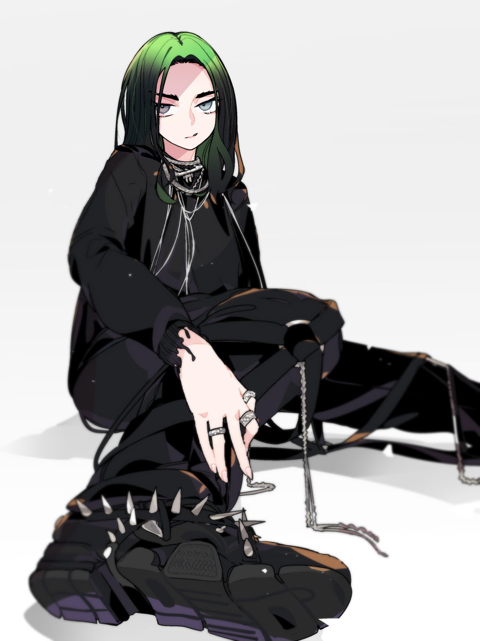 1girl :/ billie_eilish black_footwear black_hair black_pants black_shirt boots closed_mouth gradient_hair green_hair highres jewelry kuroi_moyamoya long_hair long_sleeves looking_at_viewer multicolored_hair multiple_rings necklace pants real_life shirt simple_background sitting solo spikes white_background