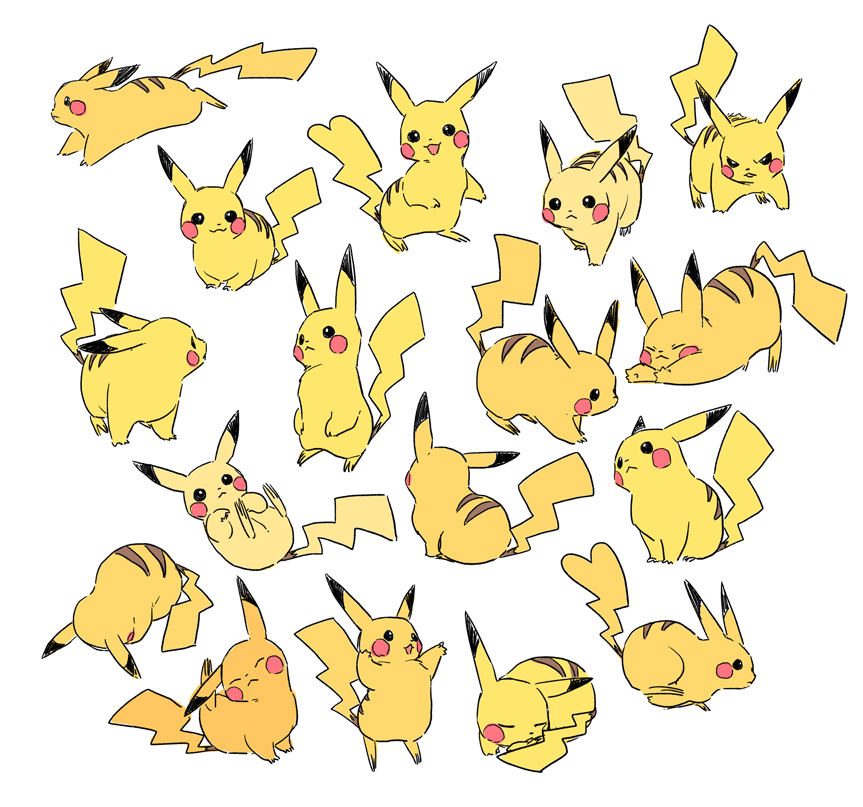 :&lt; black_eyes closed_mouth commentary_request creature gen_1_pokemon looking_to_the_side lying multiple_views no_humans ohhhhhhtsu on_back parted_lips pikachu pokemon pokemon_(creature) running simple_background smile standing too_many too_many_pikachu white_background