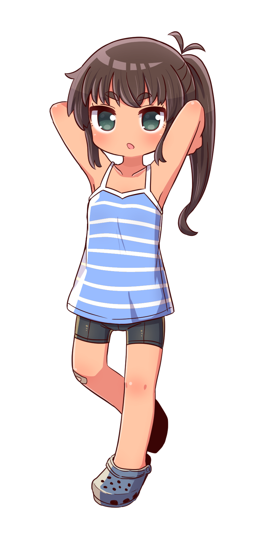 1girl :o armpits arms_up bandaid bandaid_on_knee bare_arms bare_shoulders bike_shorts black_shorts blue_camisole blue_footwear blush brown_hair camisole crocs full_body green_eyes highres long_hair looking_at_viewer naga_u original parted_lips ponytail short_eyebrows short_shorts shorts simple_background solo standing standing_on_one_leg striped_camisole thick_eyebrows white_background