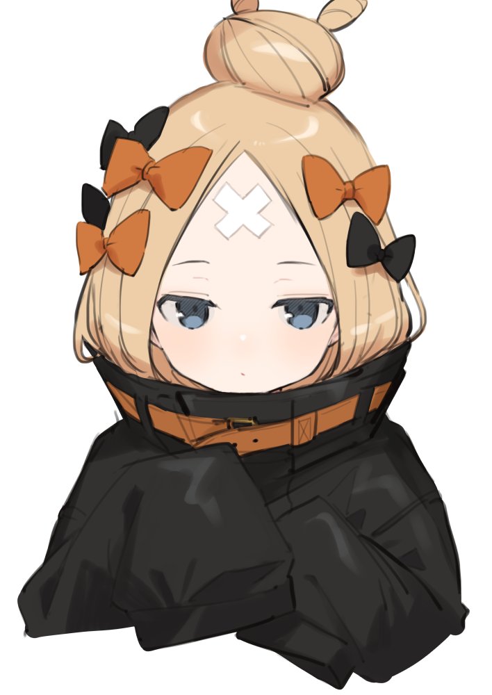 1girl abigail_williams_(fate) bangs black_jacket blonde_hair blue_eyes bow closed_mouth crossed_bandaids fate/grand_order fate_(series) forehead hair_bow hair_bun heroic_spirit_traveling_outfit high_collar jacket multiple_bows orange_belt orange_bow parted_bangs sleeves_past_fingers sleeves_past_wrists solo zumi_tiri
