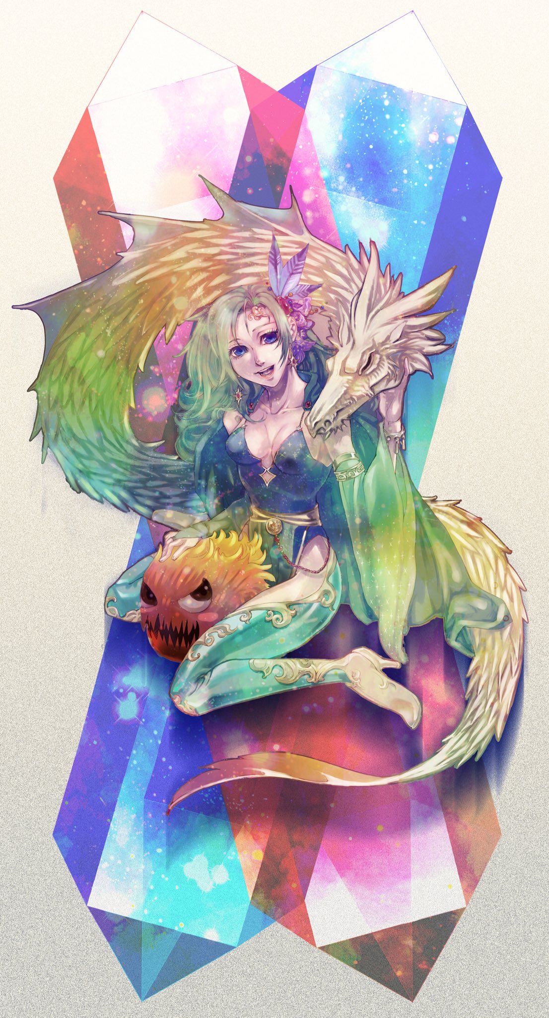 1girl blue_eyes bomb_(final_fantasy) breasts closed_mouth detached_sleeves dragon earrings final_fantasy final_fantasy_iv green_hair hair_ornament high_heels highres jewelry long_hair looking_at_viewer older open_mouth rydia smile wataame