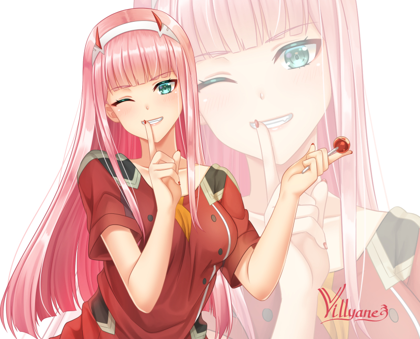 1girl artist_name bangs blue_eyes blunt_bangs breasts candy collarbone commentary darling_in_the_franxx eyebrows_visible_through_hair finger_to_mouth food grin hairband hands_up holding holding_candy holding_food holding_lollipop horns jacket lollipop long_hair medium_breasts nail_polish one_eye_closed pink_hair red_jacket red_nails short_sleeves shushing signature simple_background smile solo upper_body very_long_hair villyane white_background white_hairband zero_two_(darling_in_the_franxx) zoom_layer