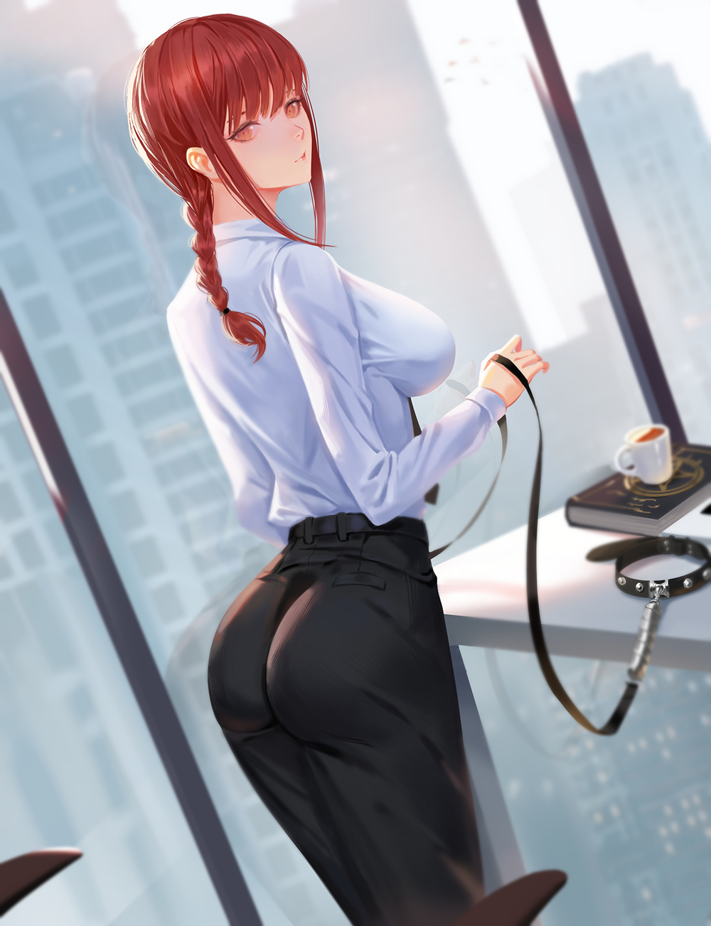 1girl ass bangs black_neckwear black_pants book braid braided_ponytail breasts business_suit chainsaw_man city collar collared_shirt commentary_request cup formal from_behind highres holding holding_leash indoors large_breasts leash long_sleeves looking_at_viewer looking_back makima_(chainsaw_man) medium_breasts necktie office_lady pants redhead ringed_eyes sansan_(dongfangzhong111) shirt sidelocks smile solo standing suit table white_shirt yellow_eyes