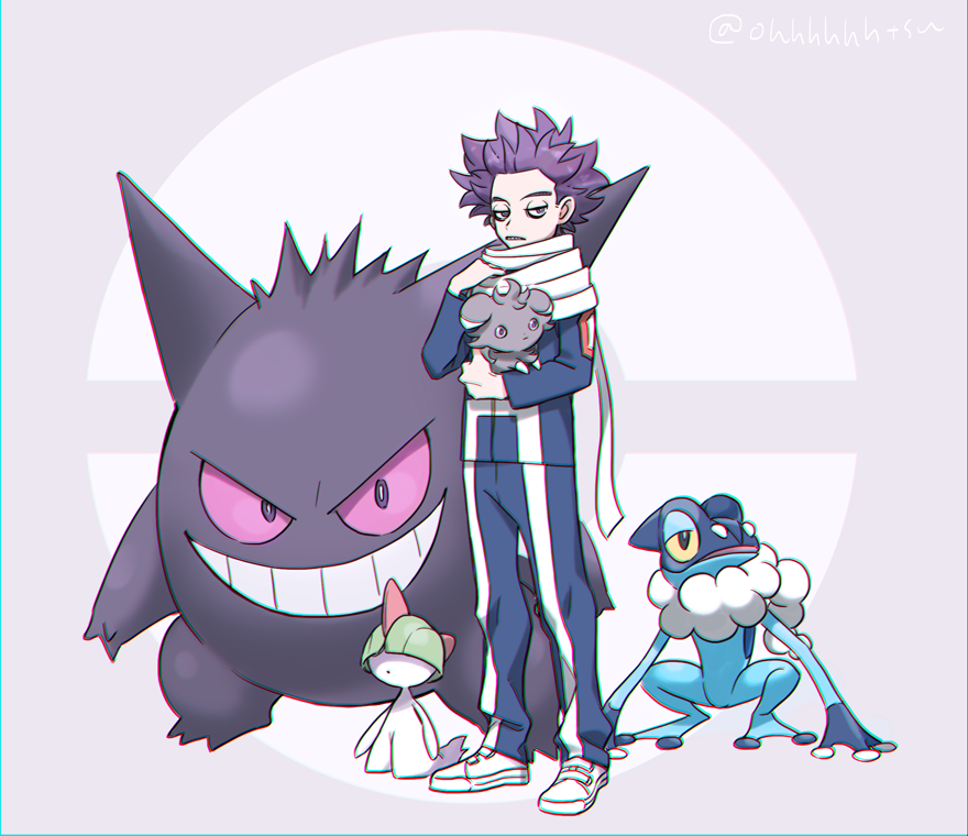 1boy blue_jacket boku_no_hero_academia chromatic_aberration commentary_request crossover espurr frogadier gen_1_pokemon gen_3_pokemon gen_6_pokemon gengar grey_eyes holding holding_pokemon jacket long_sleeves male_focus ohhhhhhtsu pants parted_lips pokemon pokemon_(creature) purple_hair ralts scarf shinsou_hitoshi shoes spiky_hair standing teeth white_footwear white_scarf