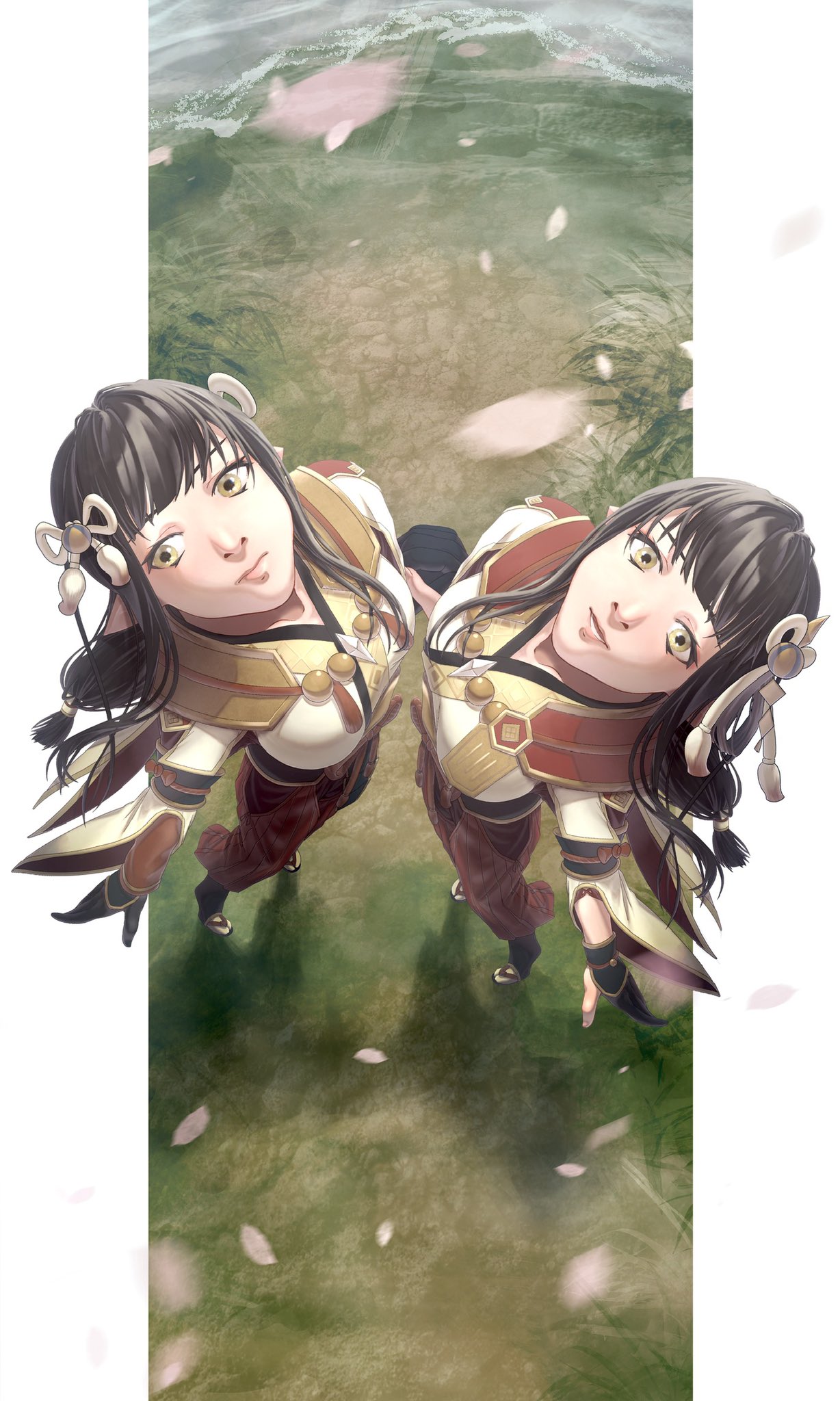 2girls black_hair blush breasts hinoa japanese_clothes kimono long_hair minoto monster_hunter monster_hunter_(series) monster_hunter_rise pointy_ears ra_gyoooo siblings twins